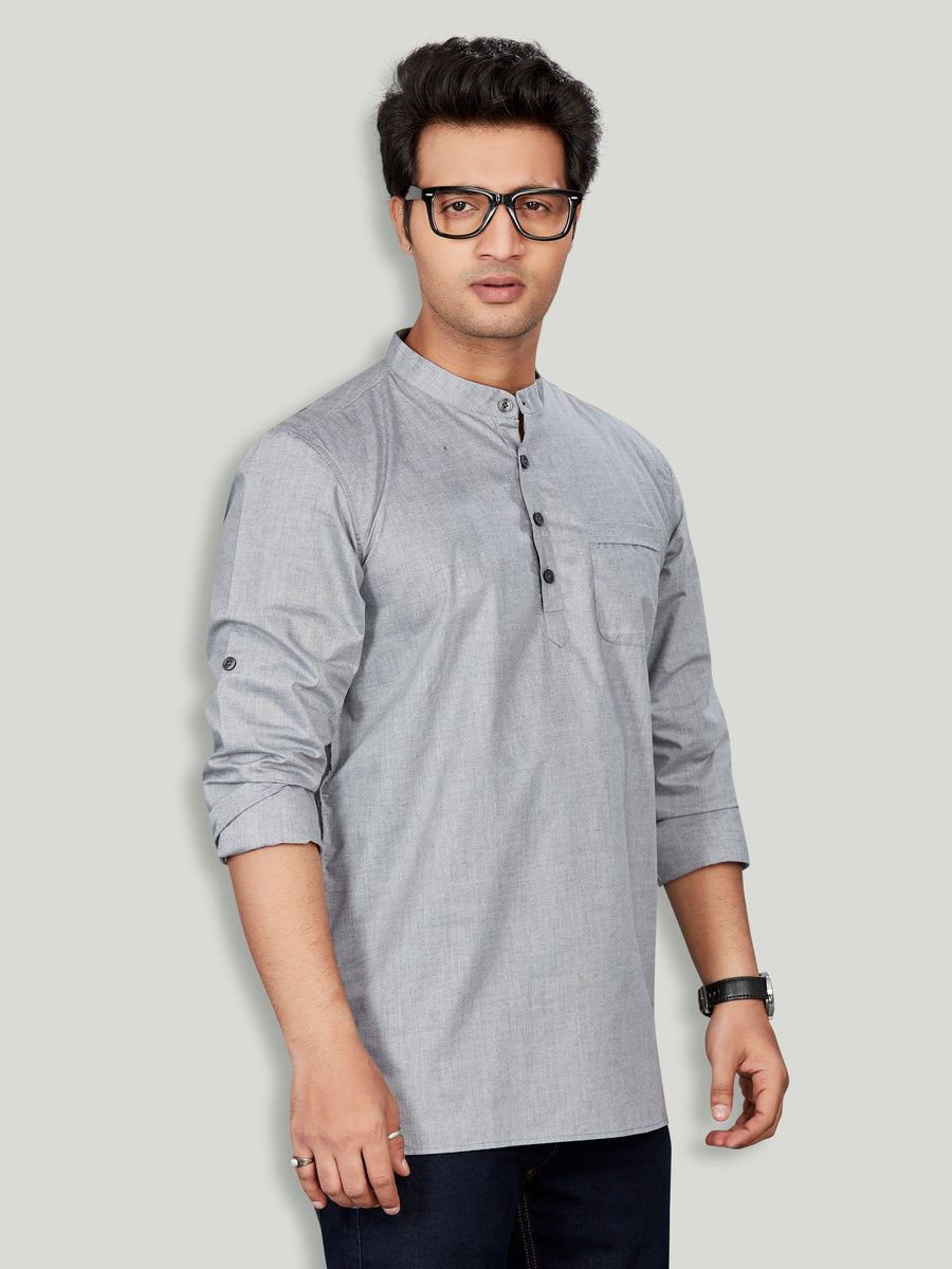 Cotton Short Kurta in Grey Striped Fabric