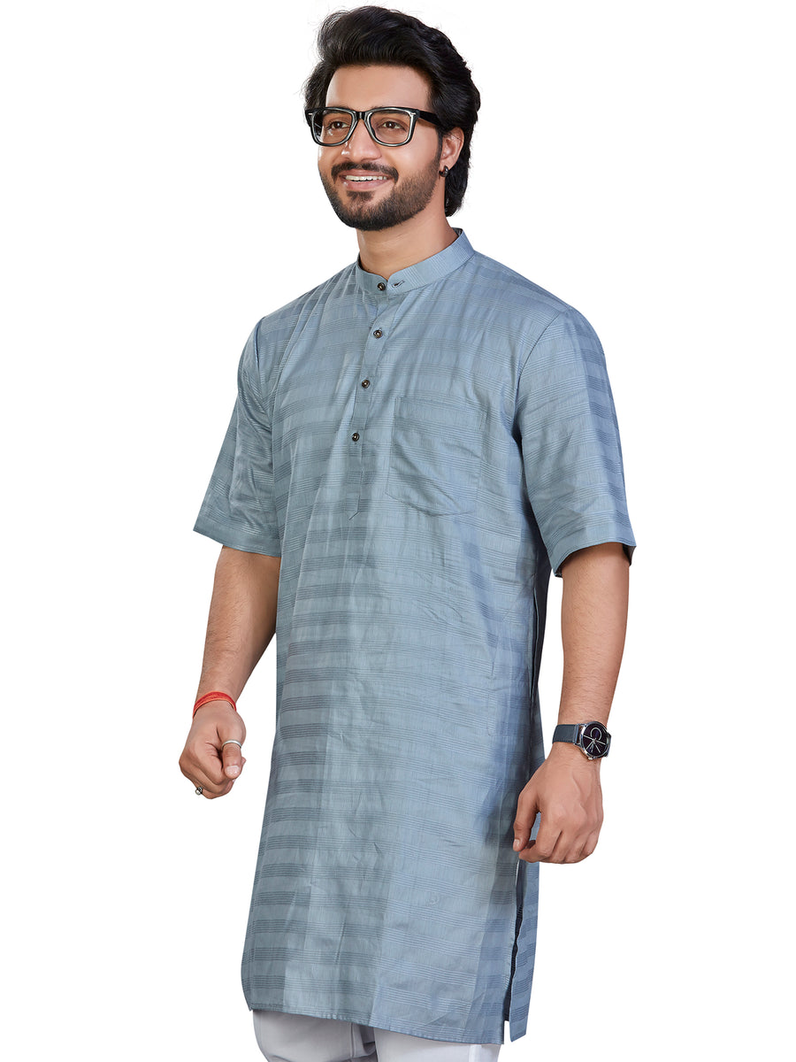 Pure Cotton Horizontal Self Striped Nexa Modi Kurta, Half Sleeves, Gre ...