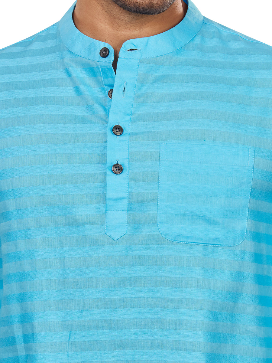 Pure Cotton Self Horizontal Striped Premium Short Kurta, Turquoise Blu ...