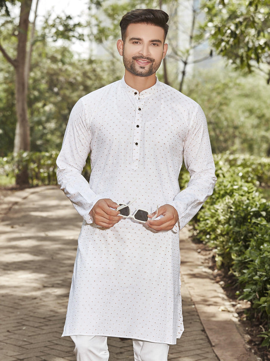 Pure Cotton Premium Samsera Buta Kurta, White, Regular Fit – Authentics