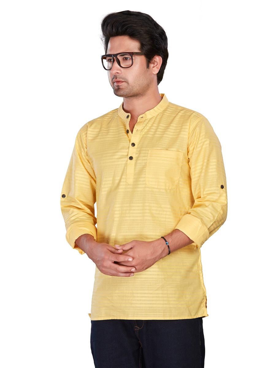 Pure Cotton Self Horizontal Striped Premium Short Kurta, Yellow, Regul ...